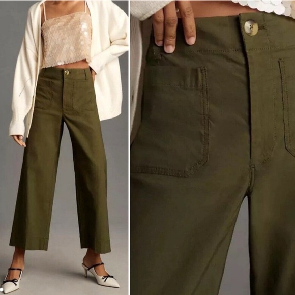 Anthropologie Colette Maeve Olive Green Wide Leg Crop Linen Blend Pants 16W - Picture 1 of 10